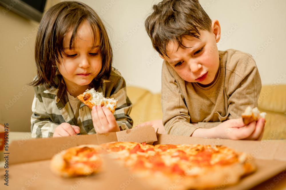 Brothers eating pizza at home Brothers eating pizza at home
