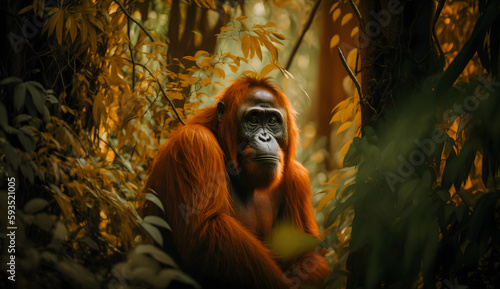 orangutan in a tropical rainforest conservation area ,Borneo endemic primates ,generative ai