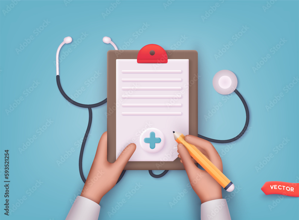Medical form list. 3d first aid medicine with check list for health pharmaceutical.  3D Web Vector Illustrations. - obrazy, fototapety, plakaty 