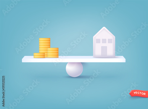 Home and coin stacks on balancing scale on blue background. Real estate business mortgage investment and financial loan concept. 3D Web Vector Illustrations.