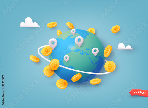 Bitcoin and blockchain. Electronic cryptocurrency and modern technology. Online banking, and financial communications. 3D Web Vector Illustrations.