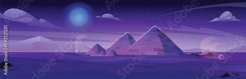 Night Egypt desert with pyramid landscape vector. Cartoon ancient arabian background with purple skyline and tumbleweed. Blowing wind dust in sand in drought east Sahara on midnight with full moon.