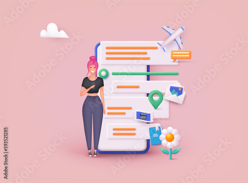 Planning schedule, business event and calendar concept. Woman  with schedule and notes organize meeting. 3D Web Vector Illustrations.