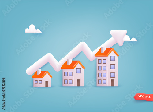 Housing price rising up, real estate or property growth concept. Real estate transaction and rising of property value. 3D Web Vector Illustrations.