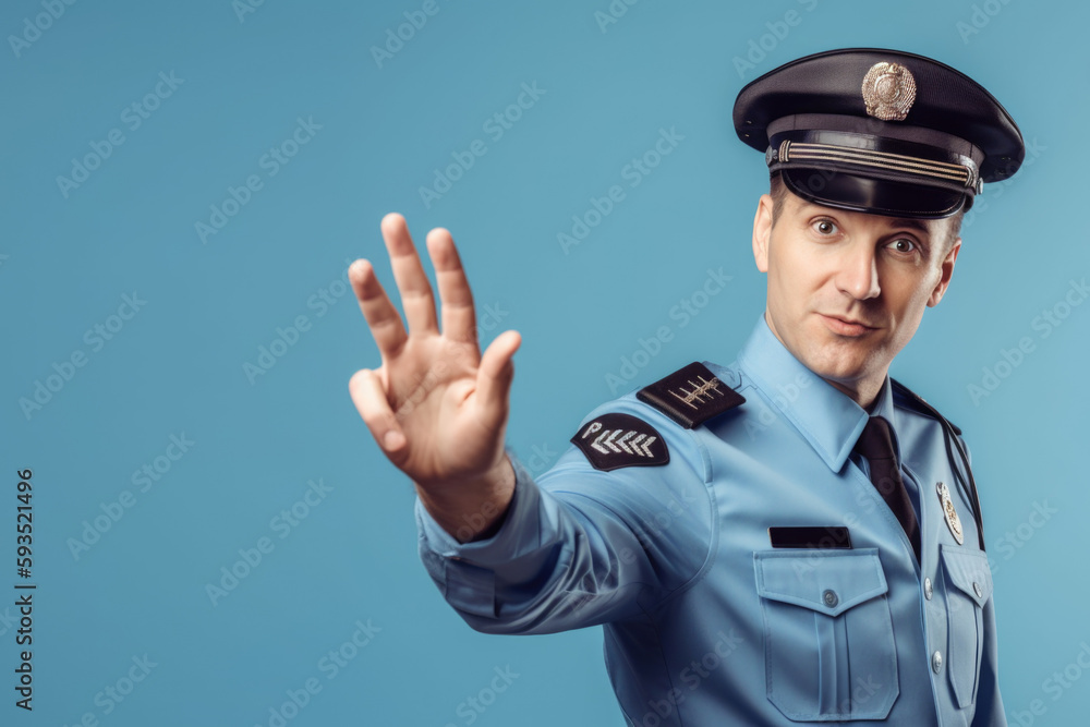 Law enforcement and protection. Police officer signaling to stop with open hand on pastel blue background with space for text. Copy space. Security concept AI Generative Law enforcement and protection. Police officer signaling to stop with open hand on pastel blue background with space for text. Copy space. Security concept AI Generative