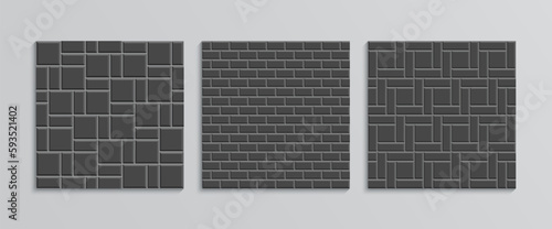 Set of street paver seamless pattern. Slab pavement texture. Paved floor tiles collection. Decorative sidewalk. Stone surface. Cobblestone print. Mosaic outdoor background. Vector illustration