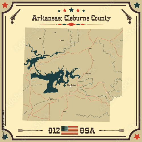 Large and accurate map of Cleburne County, Arkansas, USA with vintage colors.