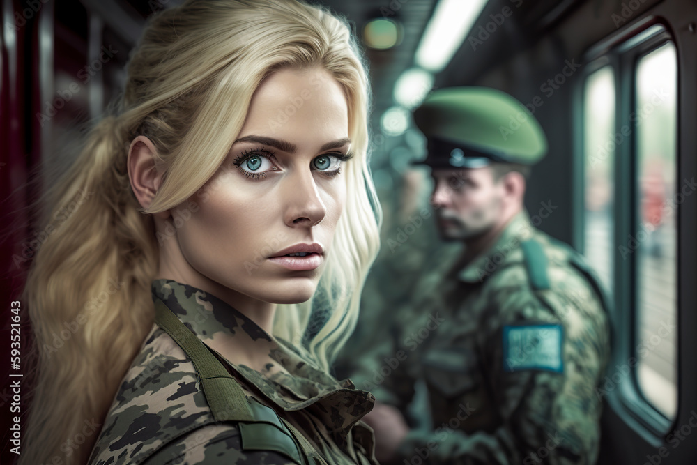 Blonde warrior on a mission: Military service on the move, ai generative