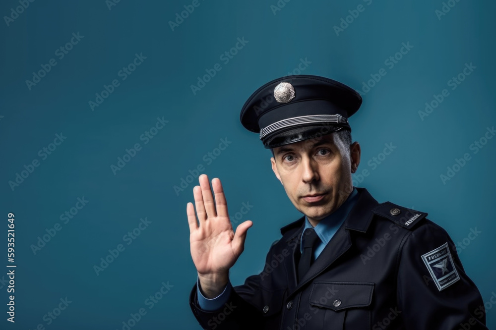 Law enforcement and protection. Police officer signaling to stop with open hand on pastel blue background with space for text. Copy space. Security concept AI Generative Law enforcement and protection. Police officer signaling to stop with open hand on pastel blue background with space for text. Copy space. Security concept AI Generative