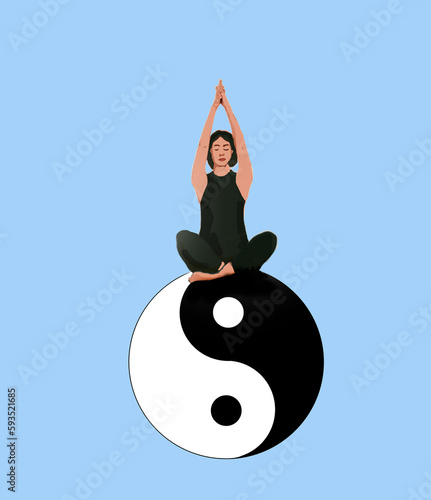 Illustration of woman practicing yoga sitting on yin yang symbol photo