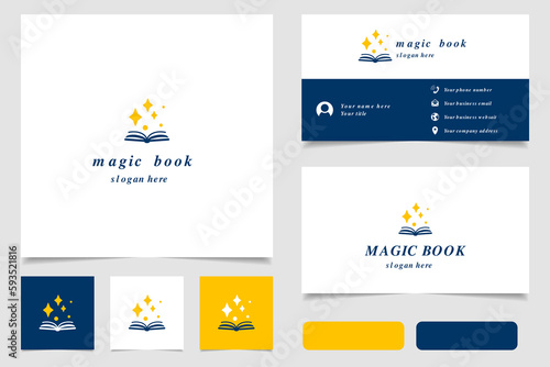 Magic book logo design with editable slogan. Branding book and business card template.