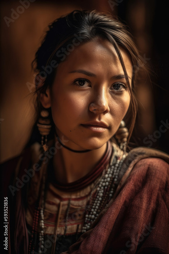 A captivating portrait of a Navajo woman wearing tradition clothing