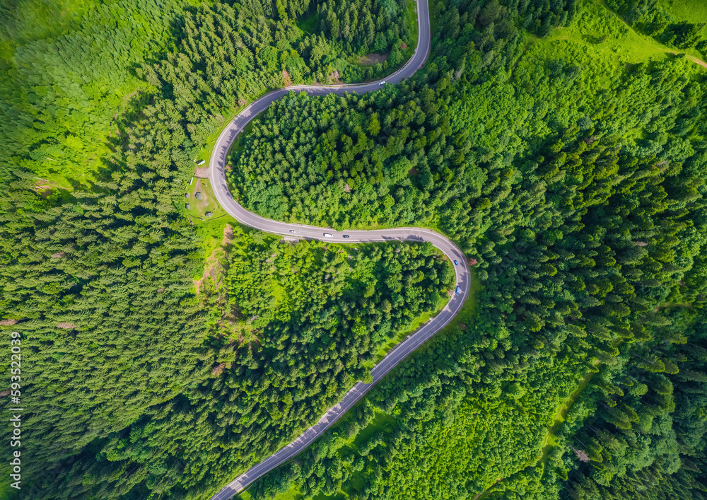 view of countryside road passing through the green forrest and mountain.