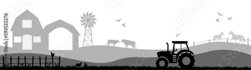 Farm agriculture landscape background banner panorama vector illustration - Black silhouette of farmhouse, animals, windmill, tractor and fence on field, isolated on white background