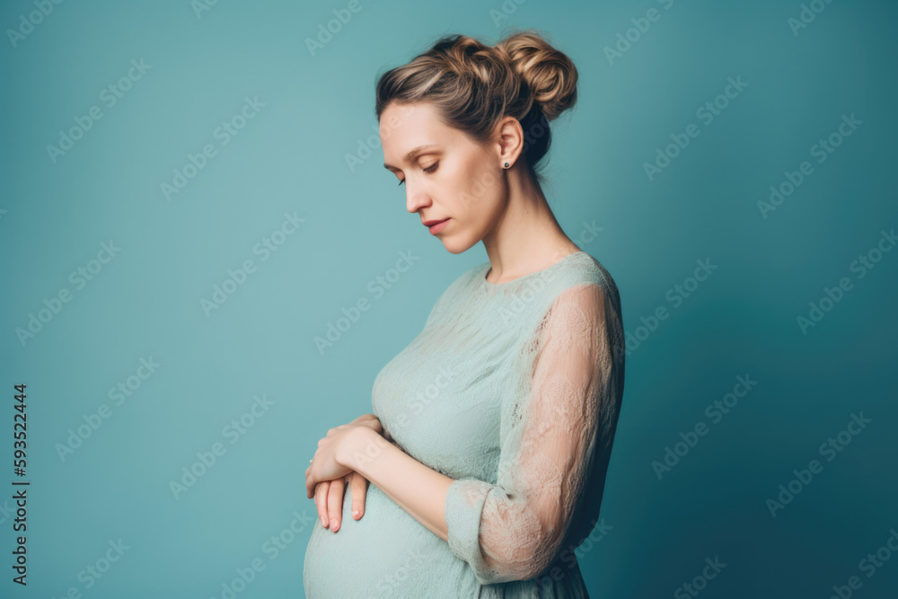 Expecting Joy: Pregnant Caucasian Woman with Hands on Belly on Pastel Blue Background with Space for Text. Copy space. Pregnancy and Maternity concept - AI Generative Expecting Joy: Pregnant Caucasian Woman with Hands on Belly on Pastel Blue Background with Space for Text. Copy space. Pregnancy and Maternity concept - AI Generative