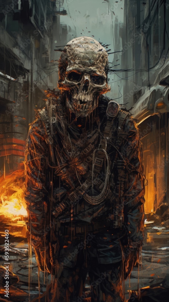 Terrifying industrial steampunk skeleton soldier of wires and chains with black void eyes, soulless monstrosity designed for death and decay. No mercy, only fear and evil horror - generative AI