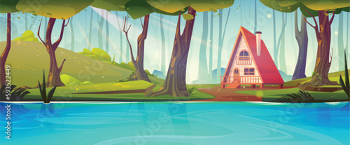 Cottage house in forest near river fairytale background illustration. Tree and lake cartoon landscape with hut on riverside. Lonely home in wild nature with porch, window and chimney in summer.