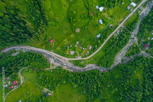 top down view of Mountain Village in Carpathians in Summer day