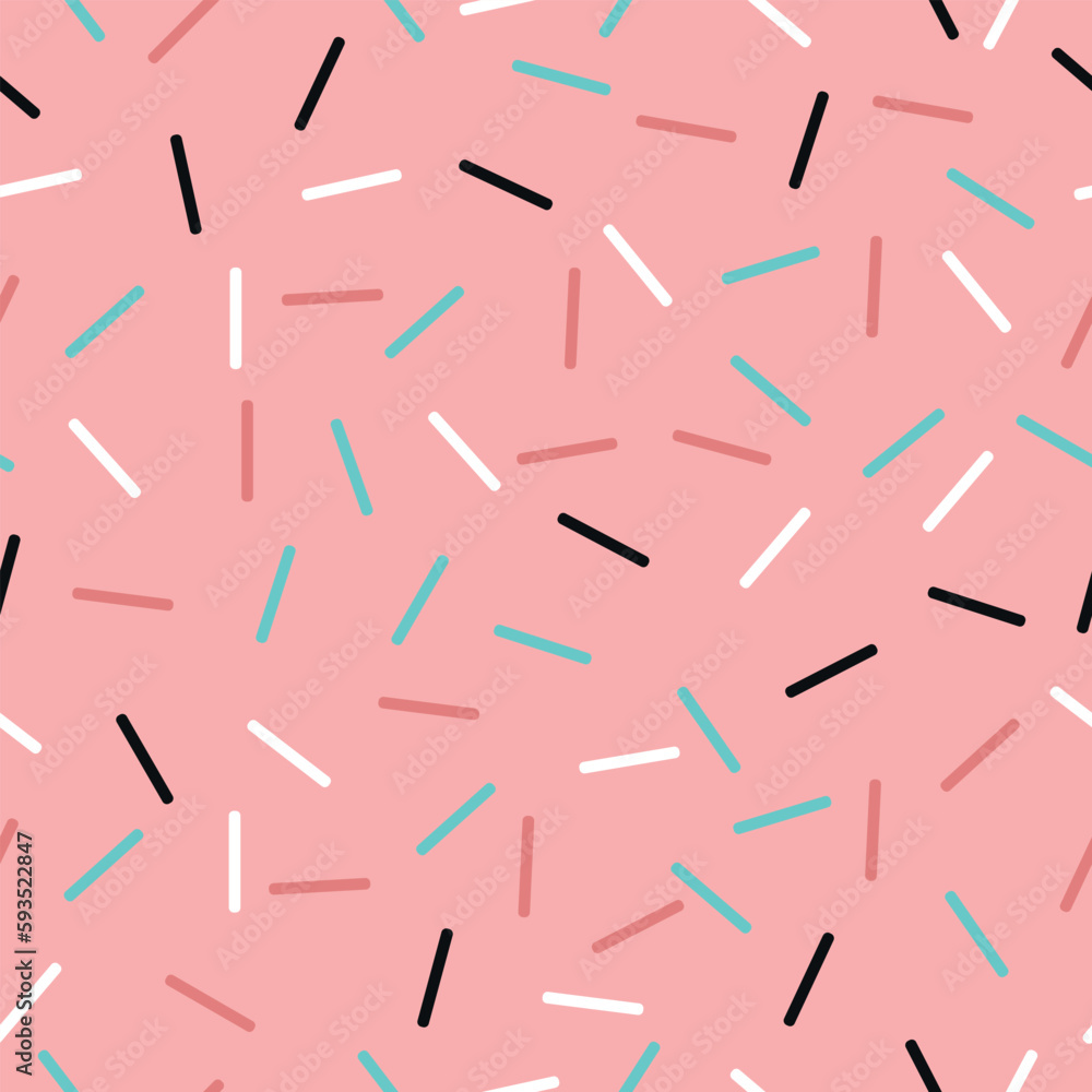 Abstract vector dash, Memphis style background with a big dash, pink background, white, black, birch, dark pink lines. Abstract vector dash, Memphis style background with a big dash, pink background, white, black, birch, dark pink lines.