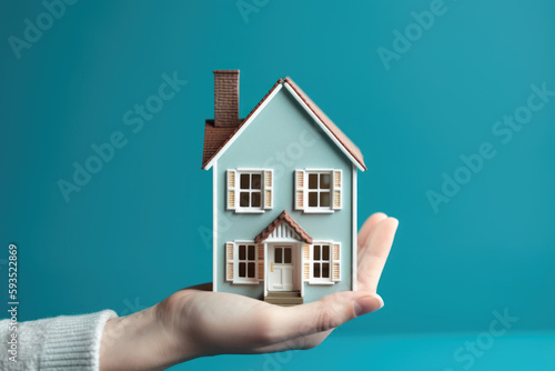 Real Estate Investment. Hand holding miniature house on pastel blue background. Concept for buying or selling property. Copy space. AI Generative