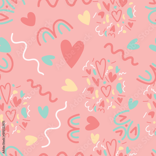 Semless colorful hand drawn pattern with hearts, abstract shapes, dots. Abstract hand drawn texture for fabric, textile, apparel. Vector illustration