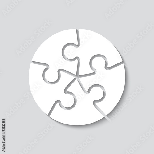 Puzzle grid in circle shape with 5 mosaic details. Jigsaw outline pieces cutting template. Scheme of thinking game. Modern background. Simple frame tiles. Vector illustration.