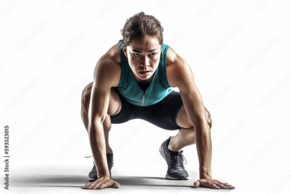 Ready, Set, Go! Runner touching the ground on the start line on a white background. Copy space. Fitness concept AI Generative Ready, Set, Go! Runner touching the ground on the start line on a white background. Copy space. Fitness concept AI Generative