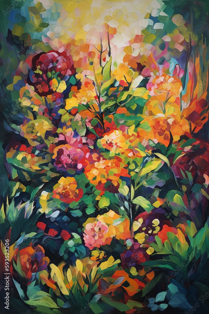Blossoming Beauty: An Impressionist Painting of a Colorful Flower Garden in Bold Brushstrokes