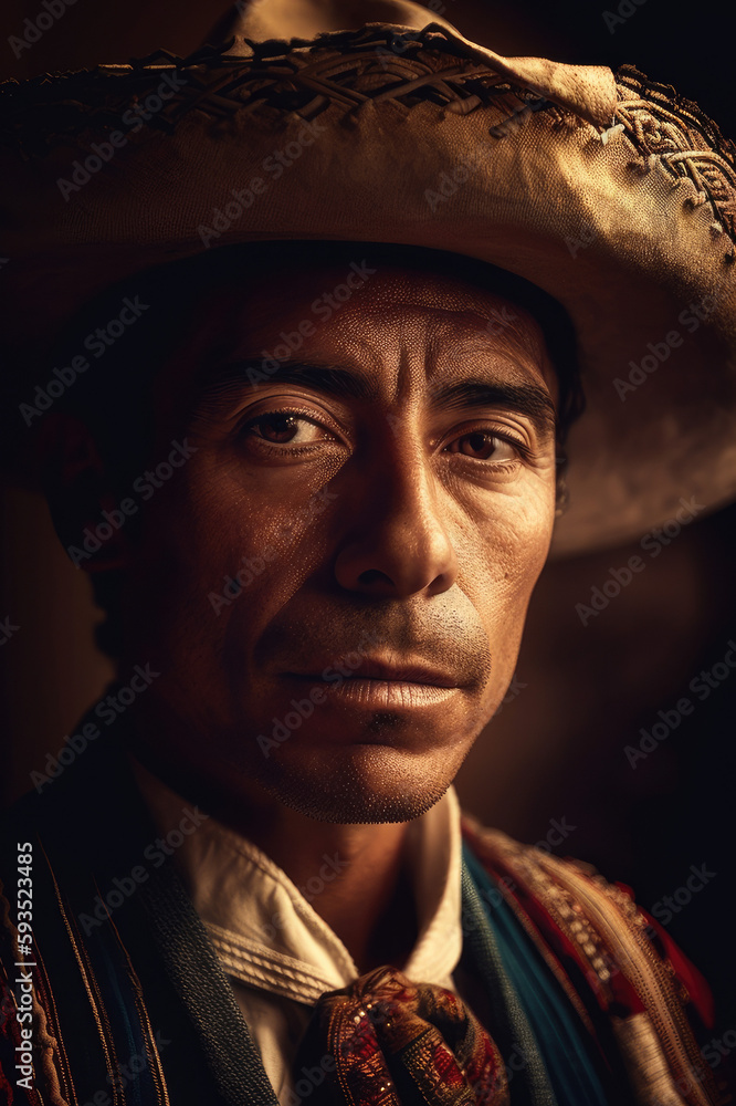 Close up portrait of a Hispanic man in traditional clothing Close up portrait of a Hispanic man in traditional clothing