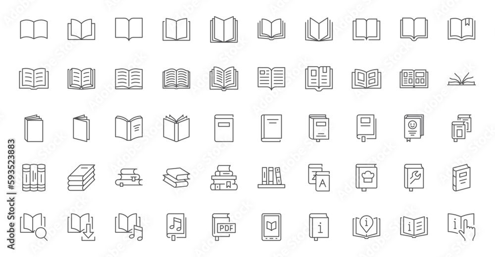 Book line icons set. Open brochure, magazine, literature, dictionary, audiobook, learning, encyclopedia education, information reference vector illustration. Outline sign for library. Editable Stroke - obrazy, fototapety, plakaty 