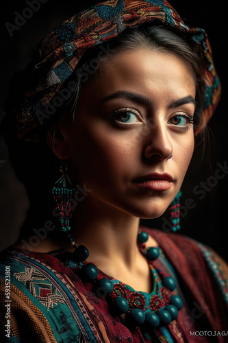 Close up portrait of a Hispanic woman in traditional clothing
