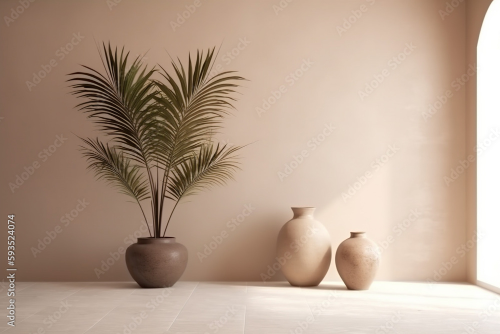 decor vase shadows sunlight beige concrete interior design empty home wall. Generative AI. decor vase shadows sunlight beige concrete interior design empty home wall. Generative AI.