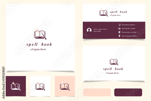 Spell book logo design with editable slogan. Branding book and business card template.