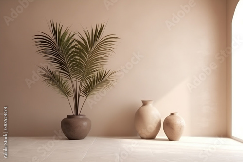 decor vase shadows sunlight beige concrete interior design empty home wall. Generative AI.
