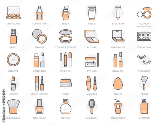 Makeup beauty care flat line icons. Cosmetics illustrations of lipstick, eyelashes mascara, powder, eyeshadows, cushion foundation, nail polish, hair brush shampoo. Orange color. Editable Stroke
