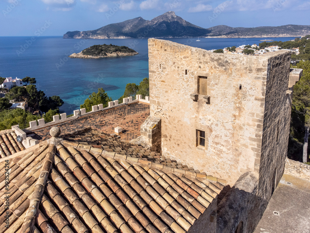 Fototapeta premium Castell de Sant Elm , Old hospital and defense tower, dating from the 14th century, Sant Elm, andratx coast, Majorca, Balearic Islands, Spain