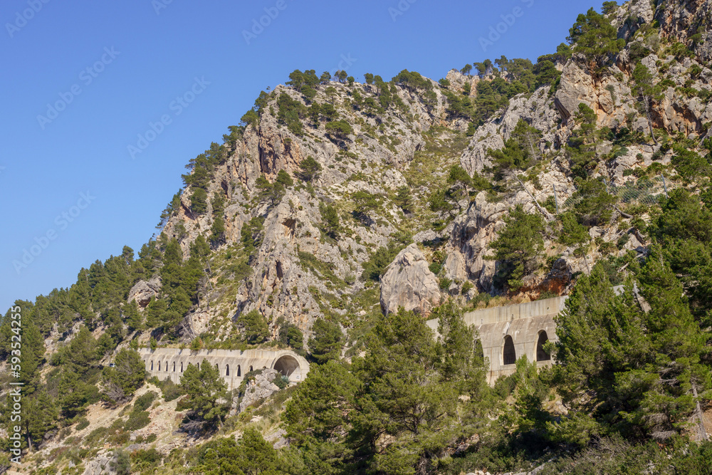 protection tunnels on the Ma10 road between Estellencs and Andratx, Estellencs coast, Majorca, Balearic Islands, Spain