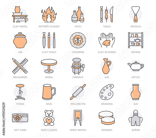 Pottery workshop, ceramics classes vector line icons. Clay studio tools signs. Hand building, sculpturing equipment - potter wheel, electric kiln. Orange color. Editable Stroke