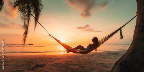 Sonnenuntergang, Frau entspannt in der Hängematte am Meer, generative AI,  photo