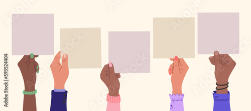 People crowd holding empty blank banners. Group of protesters with placards. Hand drawn vector illustration isolated on light background. Flat cartoon style.