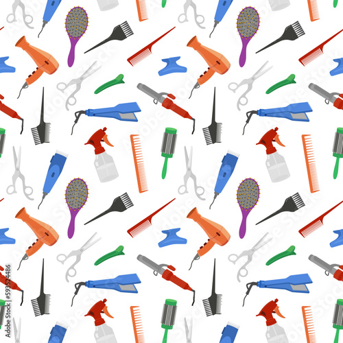 Hairdresser tools - brushes, combs, scissors, seamless pattern flat vector illustration.