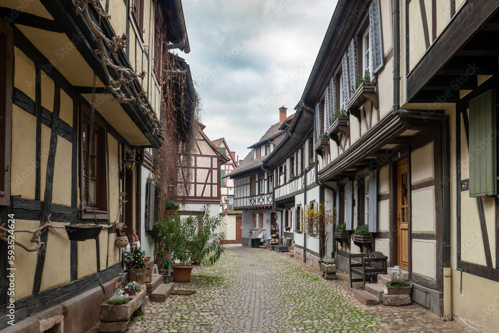 Gengenbach, Baden-Württemberg, Germany - December 8, 2022: traditional facades in the old village