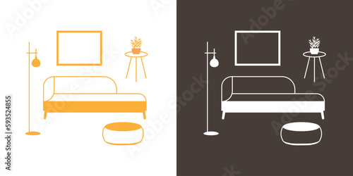 Interior design elements. Sofa, floor lamp, ottoman, coffee table, vase with plant and picture frame.