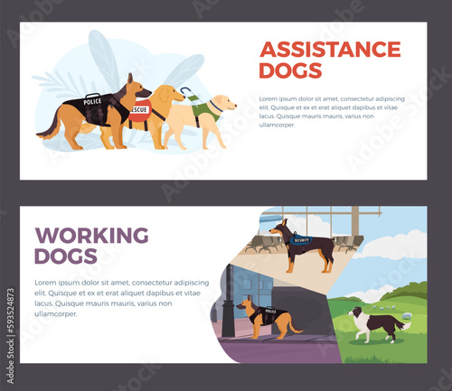 Assistance and working dogs web banners template, flat vector illustration.