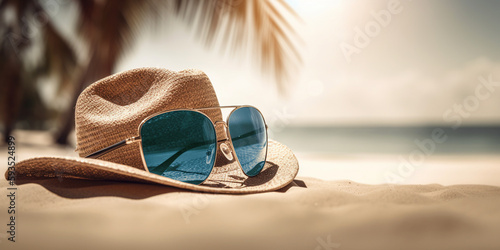 Sonnenhut und Sonnenbrille am Strand, generative AI