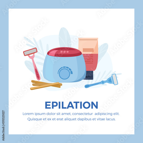 Epilation waxing and sugaring method square banner, flat vector illustration.