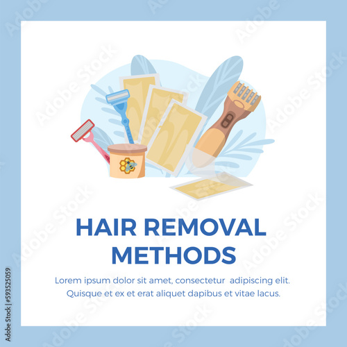 Hair removal methods square banner or poster template flat vector illustration.