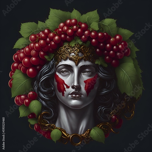 A Red Greek Goddess Head with Grapes on a Dark Background
