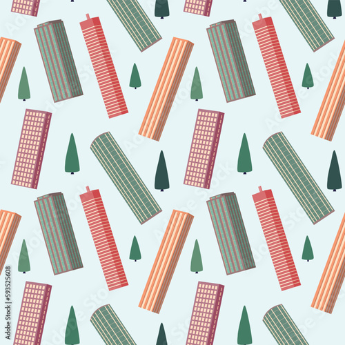 Vertical urban seamless pattern with skyscrapers and trees
