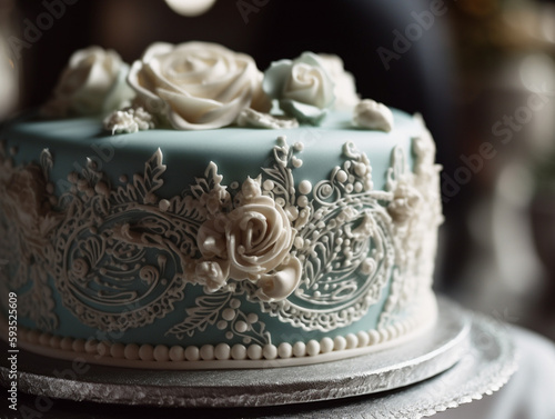  A beautiful wedding cake with intricate frosting and decorations, ai generative